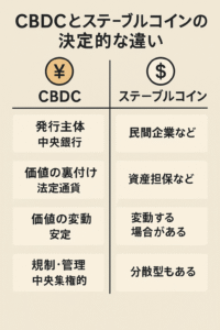 🪙 CBDCとステーブルコインの決定的な違い（要点）