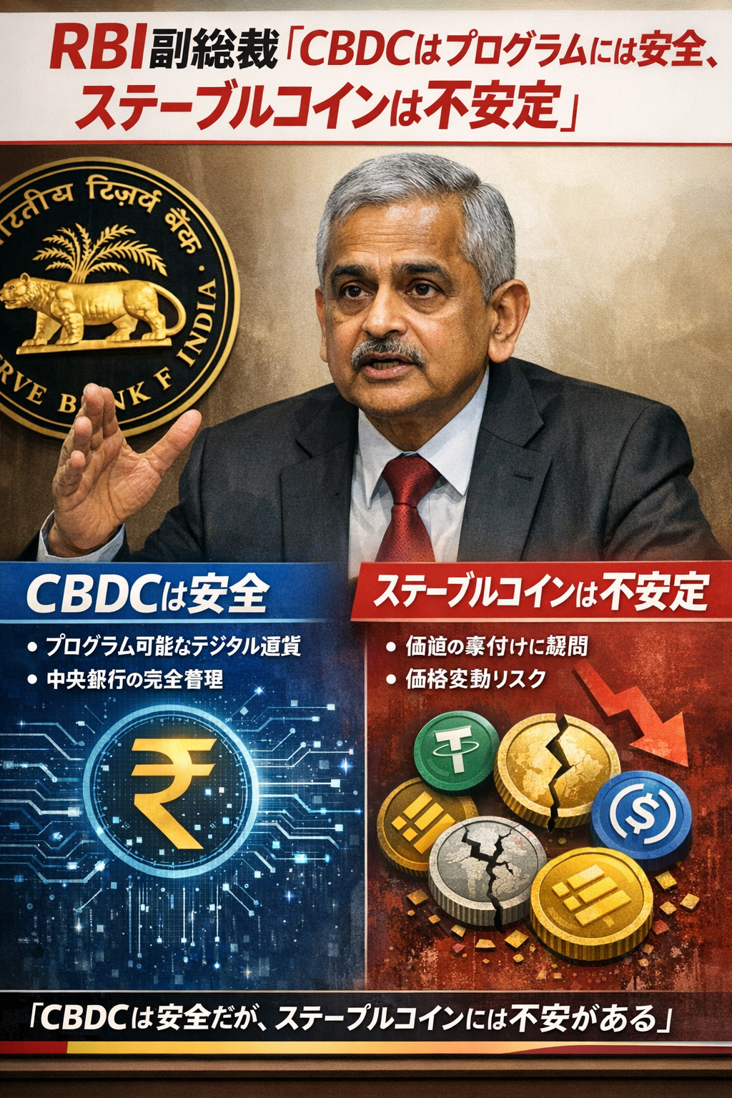 記事まとめ：RBI副総裁「CBDCはプログラムにリスクはあるがステーブルコインよりは遥かに安全」