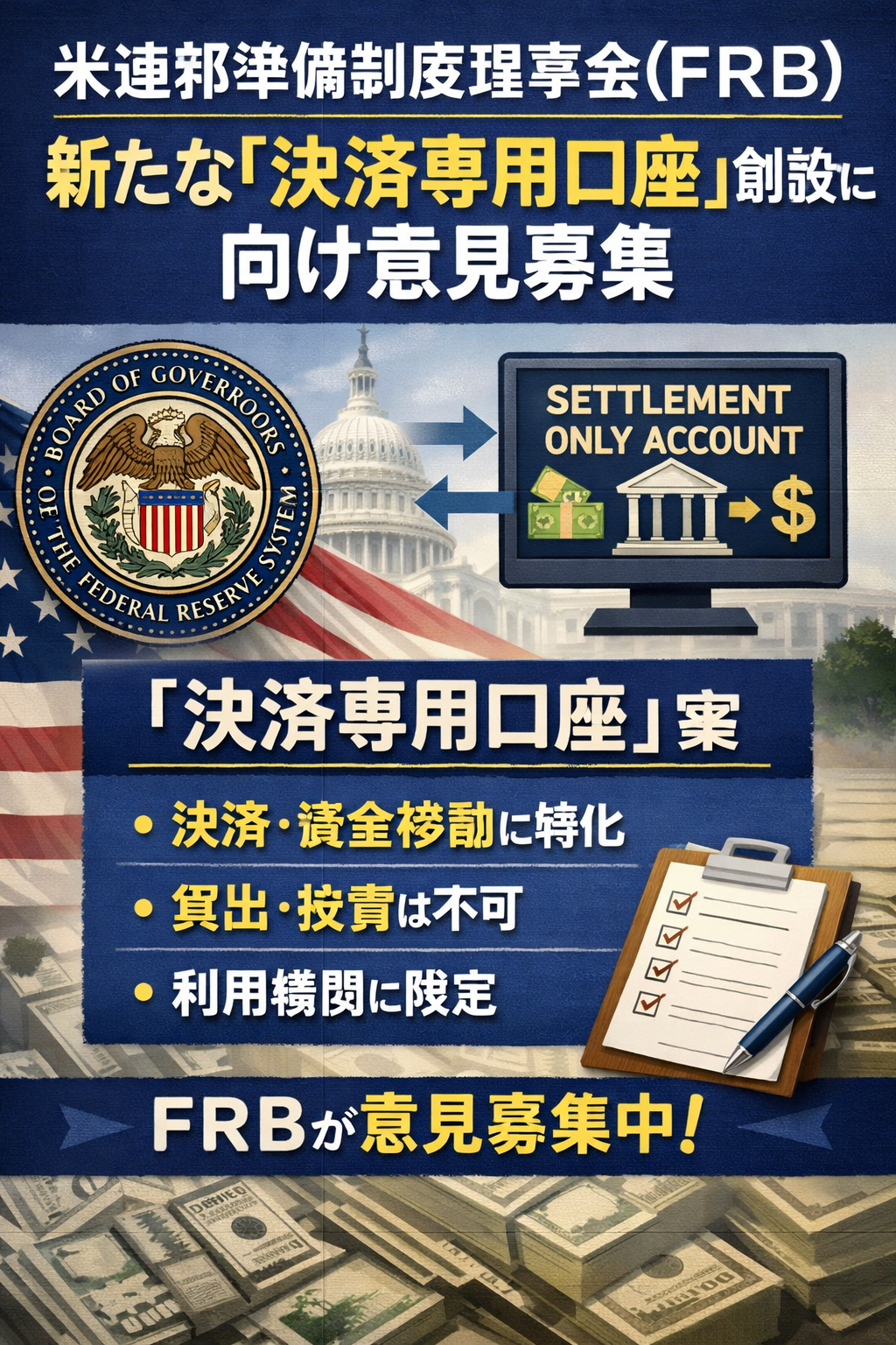 米連邦準備制度理事会（FRB）、新たな「決済専用口座」創設に向け意見募集 コンテンツ開始